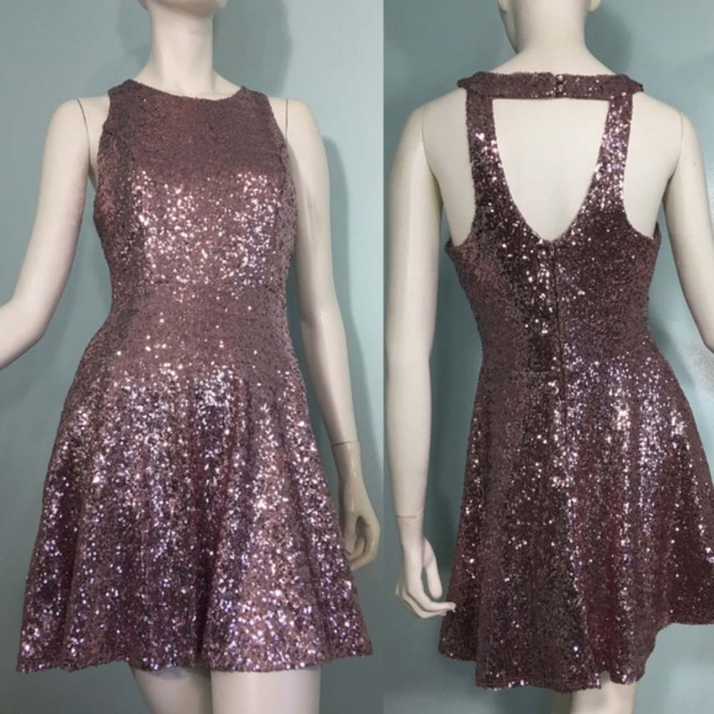Halter Dress Sequin Rose Gold Mini Flare Size L Party Wedding Club New Years